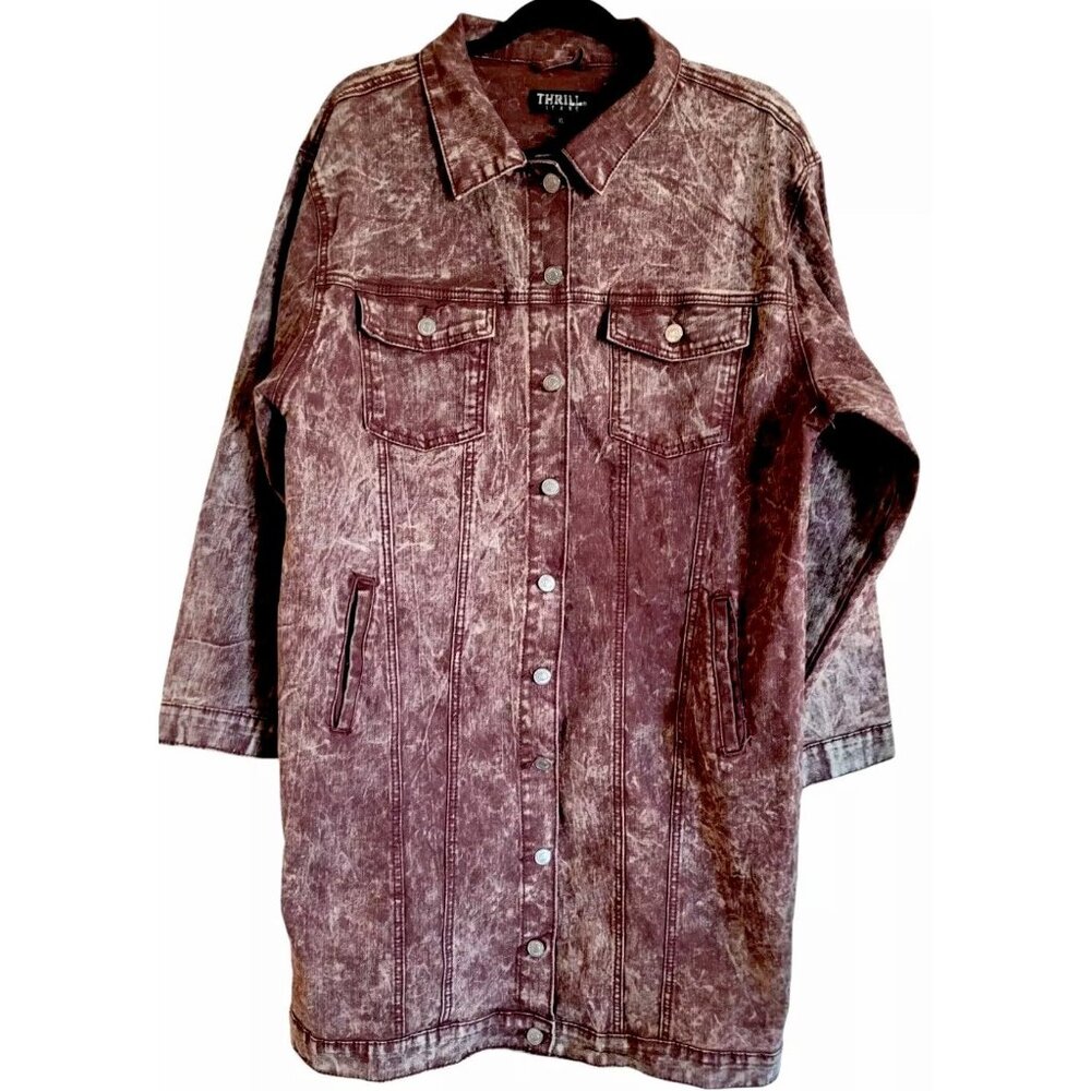 Thrill Women's Long Denim Jacket XL Dark Mauve Buttons Pockets Long Sleeve - Picture 3 of 12